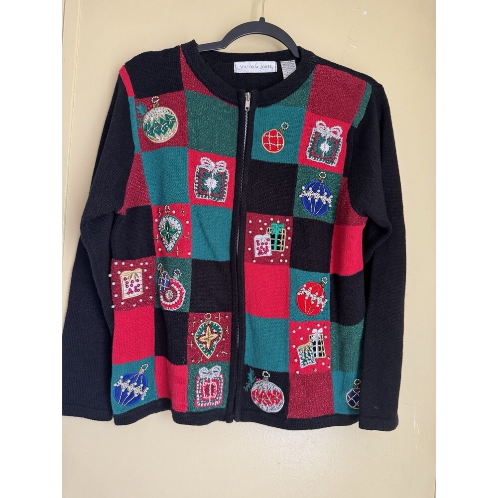 Victoria Jones Vintage 90s Ugly Christmas patchwork 3D beaded sweater cardigan M